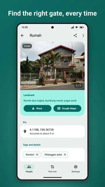 A place: the gate photo, the landmark note, Waze and Google Maps
