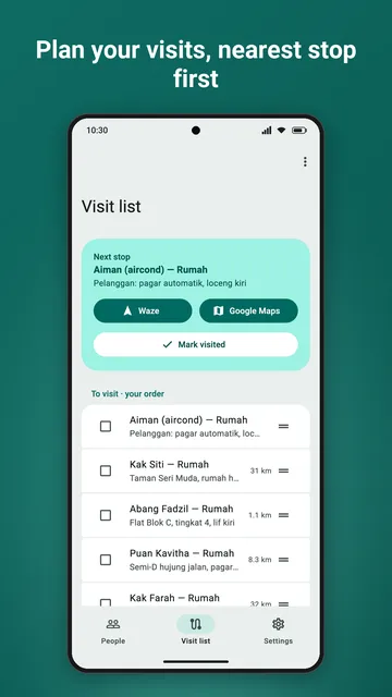 The visit list (Pro), nearest stop first